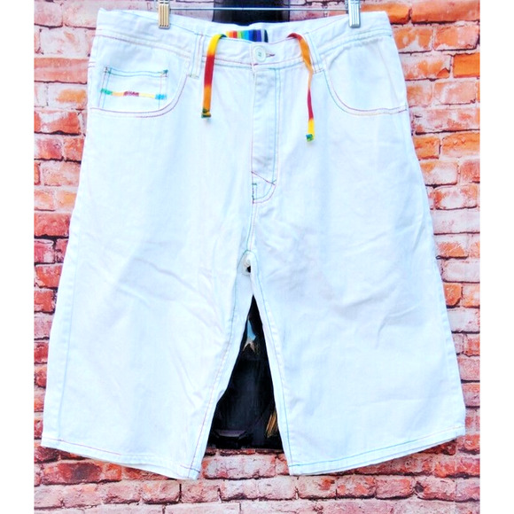 White Light Denim 5 Pocket Shorts W/Rainbow Colored Stitching & Drawstrings - Picture 1 of 11